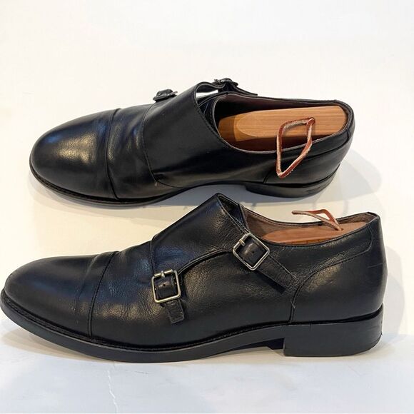 Banana Republic Mens 10.5 Black Leather Medallion Cap Toe Monk Strap Oxford Shoe - Picture 1 of 10